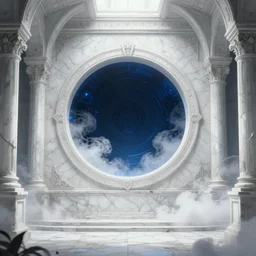 cyberpunk, old gothic crypt, white marble walls, a round portal to another world in the center, white smoke, epic scenery, dramatic white and blue lighting, detailed illustration, digital art, overdetailed art, concept art, detailed illustration, hd, 4k, digital art, highly saturated colors, Greg Rutkowski, trending on artstation
