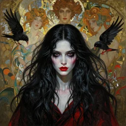 masterpiece painting of ephemeral vampire raven haired girl by donato giancola, darius zawadzki and tom bagshaw, face by artgerm and edmund leighton, alphonse mucha, background by james jean and gustav klimt, 8 k, otherworldly horror, black and crimson color palette, volumetric lighting, porcelain skin, french nouveau, trending on pixiv