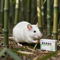 white bamboo rat is eating bamboo, next to a box of heatstroke medicine