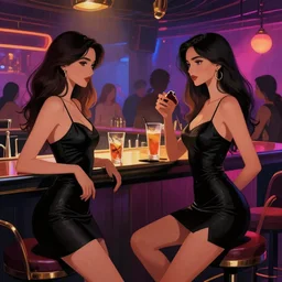 sensual beautiful delhi girls wearing western little black dresses at the bar inside a busy nightclub, epic scene, by inyi han and greg rutkowski vibrant colours, dynamic lighting, digital art, winning award masterpiece, fantastically beautiful, illustration, aesthetically inspired by beksinski and dan mumford, trending on artstation, art by greg rutkowski, 8 k