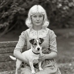 a vintage snapshot from the 1 9 2 0 s shows a pale - skinned archduchess with shoulder - length white hair posing with her dog, a jack russell terrier, outside an open window. she wears a fancy white shirt with a big bowtie, along with a dark - colored skirt. she wore her wristwatch over the cuff of her blouse in the manner of gianni agnelli.