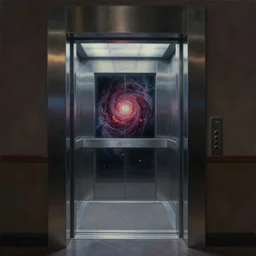 horrifying full color photorealistic painting of a 1 9 2 5 hotel elevator opening up to a disorted view of the cosmos, dark, atmospheric, brooding, smooth, finely detailed, cinematic, epic, in the style of lee gibbons