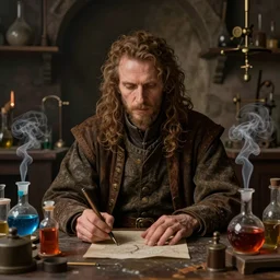 a super detailed close - up portrait of a male alchemist sitting at the table in dimly lit medieval lab, medieval lab equipment, vibrant vials, vials with smoke coming out, art by artgerm, greg rutkowski, thomas kinkade, karol bak, mark brooks, centered, insanely detailed, ambient light