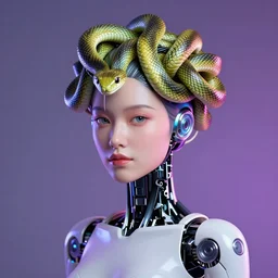 a robotic woman with snakes on her head, vibrant lighting, elegant, highly detailed, smooth, sharp focus, illustration, beautiful, geometric, trending on artstation, full body, cinematic, artwork by borovikovsky