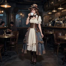 full body portrait photo of reol wearing a elegant pleated steampunk dress, open top, wearing a cute hat, drinking coffee in a ( ( busy ) ) steampunk cafe interior, dim studio lighting, at night, ( ( photograph ) ), moody, realistic, detailed, low light, skin tinted a warm tone, light blue filter