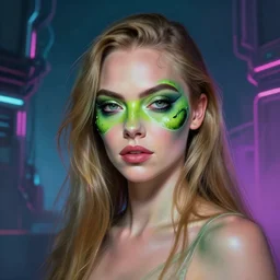 a portrait of cara delevingne with frog makeup, cyberpunk, fantasy, neon lights, sharp focus, intricate, elegant, digital painting, artstation, matte, highly detailed, concept art, illustration, ambient lighting, art by ruan jia and artgerm and range murata and wlop and ross tran and william, adolphe bouguereau and beeple