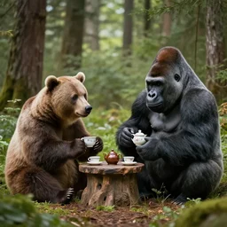 bear and gorilla having a tea party in the middle of the woods, hyper realistic, 4 k, hd, highly detailed