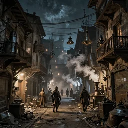 steampunk city streets at night by guido borelli da caluso, junk everywhere, wires hanging, steam, trending on artstation