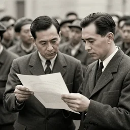 in 1 9 4 5, two men were in front of many people reading a text on a piece of paper, realism, fine art, trending on artstation.