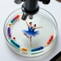 Michael Flatley Riverdancing on a petri dish viewed through a microscope. Colourful art nouveau plumes of bacteria decorate the edge of the dish