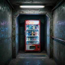 a portal to another universe inside a soda machine in a subway underpass, cinematics, 4k,