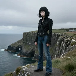 1 7 - year - old pale - skinned persian girl with black long bob cut, black gothic jacket, blue jeans, psychic girl, psychokinetic girl, standing on cliff along the irish coast, overcast gray skies, ultra - realistic, sharp details, subsurface scattering, intricate details, art by william - adolphe bouguereau