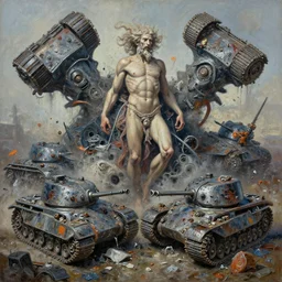 oil paint of flayed god machines, cluster battle chaos endless, hooped panzers flipped, garbage future, sheen rotting, by alberto bontempi, alex ross, shigeru komatsuzaki, wayne d barlowe, alex ross, stefano tamburini, simon bisley & boris vallejo, enric torres, hyper realism, narrative light, muted colors, epic,