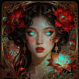 lea salonga as darna, wax figure, glowing eyes, volumetric lights, red and cyan theme, art nouveau botanicals, intricate, highly detailed, digital painting, artstation, concept art, smooth, sharp focus, cinematic, illustration, beautiful face, art by artgerm and greg rutkowski and alphonse mucha