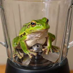 a frog inside a blender, sitting on the blades, macro shot, canon 4 0 mm