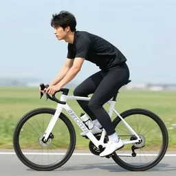 japanese man wearing a black t - shirt and trousers while riding a spring animal in the foreground, a few trees and one man in the background, grayscale photo
