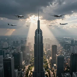 skyscraper flying horizontally towards stationary planes