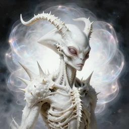 surreal portrait of abandoned ribbed white alien covered with spinal spiky antlers, on white exoplanet, iredescent soft glow bloom effect, dream - like, baroque portrait painting, perfect composition, beautiful detailed intricate octane render, artstation, 8 k, photorealistic, volumetric cinematic light, chiaroscuro, masterpiece, raphael, caravaggio, beksinski, giger