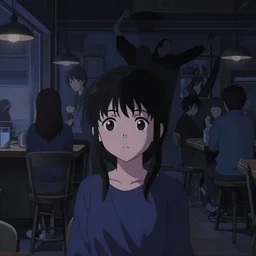 anime frames, anime visual, portrait of a portrait of a young woman visiting a busy cafe interior at night shopping, very low light cute face by ilya kuvshinov and yoh yoshinari, katsura masakazu, mucha, dynamic pose, dynamic perspective, strong silhouette, anime cels, rounded eyes, dark blue tint, contrasting shadows