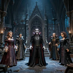photo taken of an epic intricate, ultra detailed, super realistic stop motion puppets of some majestic gracious regal aristocratic vampires in a gothic victorian filmset studio created by weta workshop and directed by tim burton, menacing, wide angle, full body shots, photorealistic, sharp focus, gloomy, extremely cold blueish colour temperature, 3 5 mm, f 1. 4
