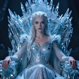 queen of the night staring in the camera with steel blue eyes sitting on a throne of ice