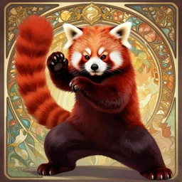 red panda kung fu master, in the style of artgerm, illustration, epic, fantasy, intricate, hyper detailed, artstation, concept art, smooth, sharp focus, ray tracing, vibrant, photorealistic, volumetric lighting, illustration, hearthstone, simon bisley, alphonse mucha