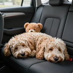 realistic photo of a goldendoodle sleeping in the backseat of a car with a teddy bear