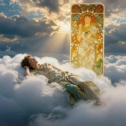 falling asleep on clouds, fantasy, colourful, dream, by krenz cushart and mucha and wlop and greg rutkowski
