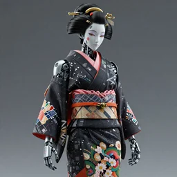 full body portrait of a japanese punk geisha robot with kanji tattoos and decals wearing a digital pixelated kimono, intricate design, photo - realistic, octane render, dark colour palette, ultra fine detailed, character design, trending on artstation