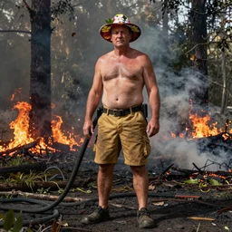 Prime Minister Scott Morrison in front of a forest fire, wearing shorts and a Hawaiian hat, hose in the ground, smoke, , cinematic, hyper realism, high detail, vivid colors, octane render, unreal engine, 8k