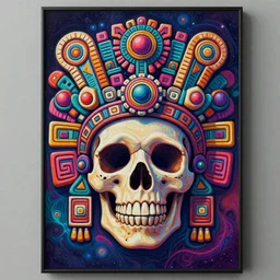 a painting of a aztec skull with ornate ceremonial headdress, poster art by jeffrey smith, behance contest winner, psychedelic art, cosmic horror, anaglyph effect, mandelbulber fractal