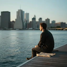 A man sitting on a jetty, city in the background, cinematic lighting
