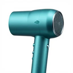 turquoise hair dryer, high detail macro photography, isolated on a pure white background, centered, entire object in frame, sharp focus, soft studio lighting