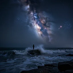 night sky iridescent stars crash into the ocean, hyperrealistic masterpiece, highly detailed ricardo bofill anka zhuravleva, dramatic lighting, long shot, wide angle, uhd 8 k, sharp focus