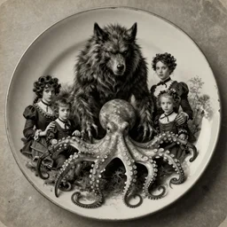 vintage photograph monochrome plate, monstrous mutant victorian family of spider people posing with an octopus werewolf, distressed old photo, slight sepia tone