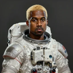 pinted portrait of kanye west as an astronaut by greg rutkowski, he is about 3 0 years old, short blond hair, athletic and strong, straight jaw, wearing futuristic space gear, highly detailed portrait, digital painting, artstation, concept art, smooth, sharp foccus ilustration, artstation hq.