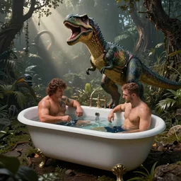 a bathtub filled with wrestling dinosaurs, art by beeple and beksinski
