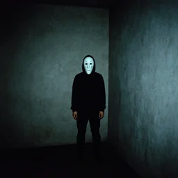 creepy Liminal interior of dead space, masked person in corner, in the style of 35mm flash photography, award winning photograph,