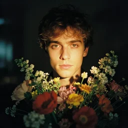 a portrait of a guy with flowers by annie leibovitz, cinematic lighting, atmospheric light, flowers, 5 0 mm f 1. 2, bokeh
