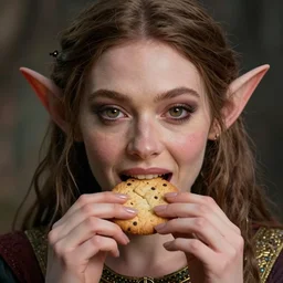 closeup portrait of a female medieval goblin eating cookies, depth of field, zeiss lens, detailed, symmetrical, centered, fashion photoshoot, by Annie Leibovitz and Steve McCurry, David Lazar, Jimmy Nelsson, Breathtaking, 8k resolution, extremely detailed, beautiful, establishing shot, artistic, hyperrealistic, beautiful face, octane render