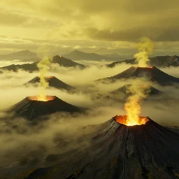 a mountainous landscape full of active vulcanoes and a yellow fog and with a yellow cloudy sky, hyperrealistic, concept art, octane render, unreal engine 5, trending on deviantart, venus surface, path traced, no life, dramatic lighting, low contrast, trending on artstation, high quality, highly detailed, 8 k, cinematic, high coherence