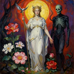 elegant flowers, gorgeous greek goddess, beautiful zombie, necronom v painting by lise deharme and hr giger, lovecraft, vibrant color scheme
