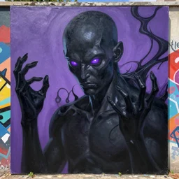a dark human entity with deep purple eyes, a man completely dark, with black magic powers, ultra realistic, 8 k, organic painting, sunny day, matte painting, bold shapes, hard edges, street art, trending on artstation, by huang guangjian, gil elvgren, ruan jia, randy vargas, greg rutkowski