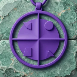 purple circle pendant with geometric abstract shapes set into ancient green stone wall, trending on artstation, digital art ( by brad rigney ) ( by greg rutkowski ) ( by artur treffner )