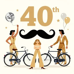 Party poster illustration: Moustache, 40th birthday, 70s disco, jumpsuits, bicycle, Egypt in the style of Roy Lichtenstein