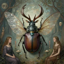 matte symmetrical portrait of mystical fae beetle god with stag head and pagan wings. a surrealist interior mental soulscape by hieronymus bosch, cyril rolando, esher and natalie shau, whimsical, profound, impossible. trending on devaintart.