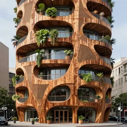 hyperrealstic photo of front view elevation of a futuristic timber building in an urban setting, the building has many balconies with hanging plants, parts of the building are covered with wooden facade that has huge holes, the wooden facade havs thick mesh with large holes for balconies and windows, zaha hadid, frank ghery, 8 k