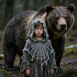 character and environment photography, portrait mystical infested 2 0 - year - old male druid, tattered spiderweb hood and robe, reflective eyes, infested bear standing, medium shot, wide angle, 2 0 0 px, low key