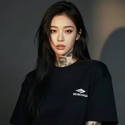 character with tattoos in black balenciaga - style clothing, by ha gyung