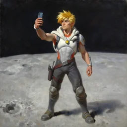 oil painting of tracer overwatch taking selfie on the moon, style of ivan aivazovsky, full body